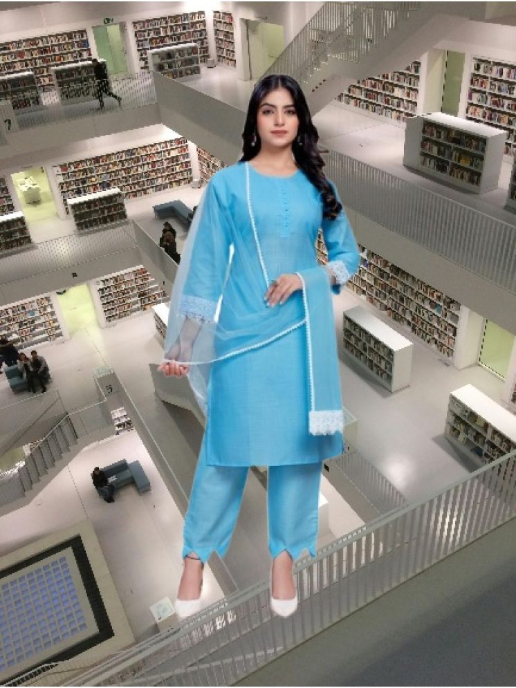     			M Enterprise Cotton Self Design Kurti With Pants Women's Stitched Salwar Suit - Light Blue ( Pack of 1 )