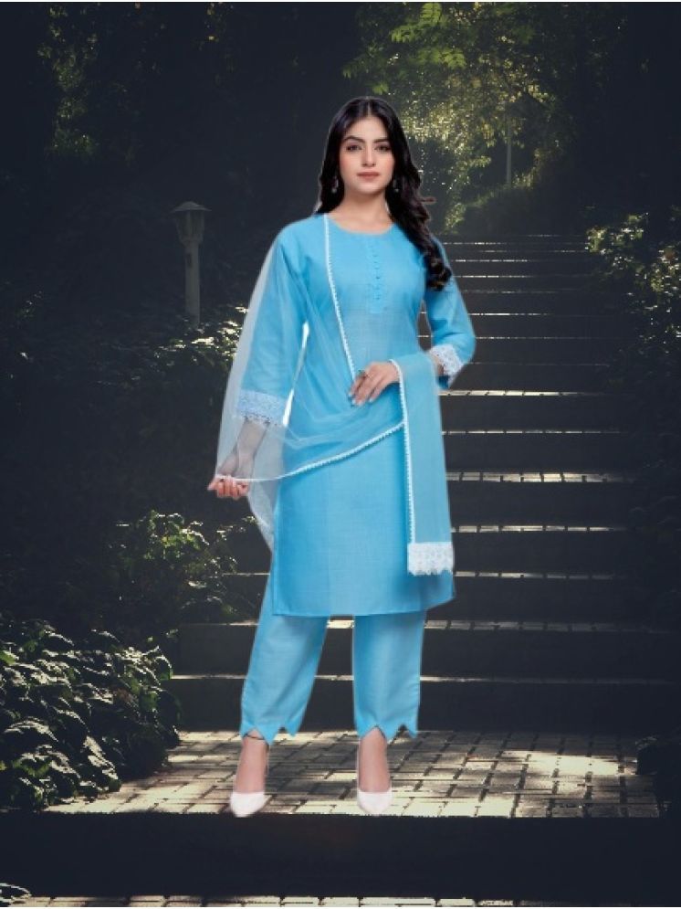     			M Enterprise Cotton Self Design Kurti With Pants Women's Stitched Salwar Suit - Light Blue ( Pack of 1 )