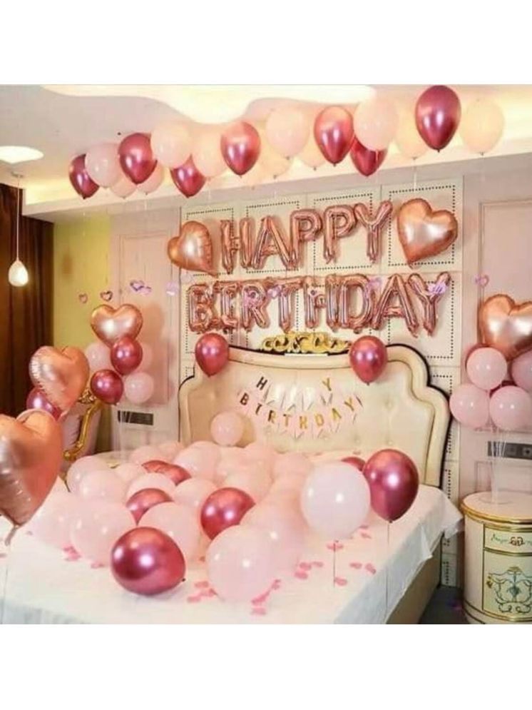     			PartyBooms Happy Birthday RoseGold Foil Decoration, 6 RoseGold Heart Foil 1 HBD White Decoration Item, 20 Rosegold & 20 White Metalic Balloons Pack of 48