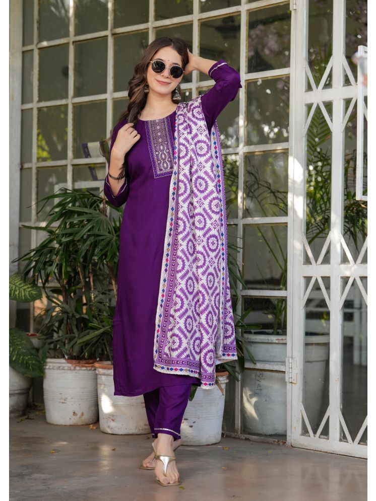     			SAREEKART FAB Viscose Embroidered Kurti With Pants Women's Stitched Salwar Suit - Purple ( Pack of 1 )