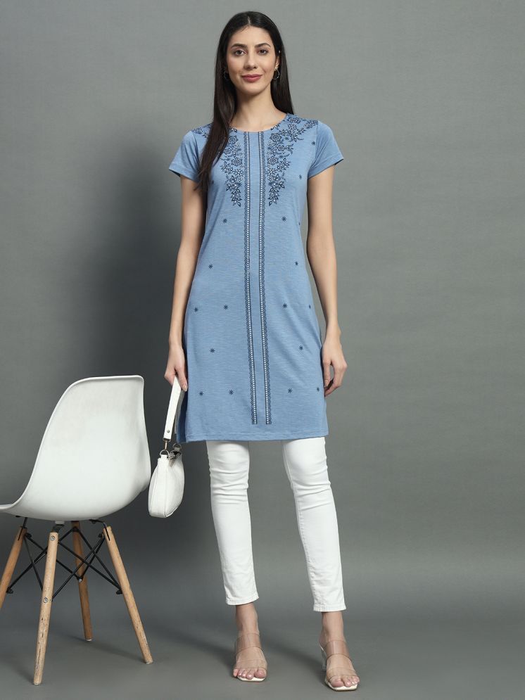     			BELLAFINO Pack of 1 Cotton Blend Printed Straight Women's Kurti - ( Blue )