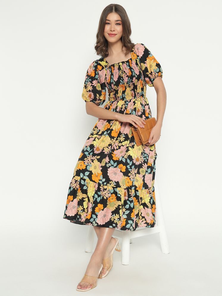     			Femvy Polyester Printed Calf-Length Women's Fit & Flare Dress - Yellow ( Pack of 1 )