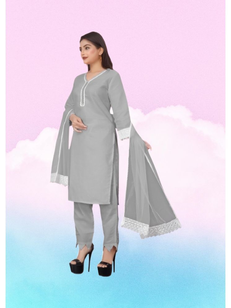     			RUTSH CREATION Cotton Self Design Kurti With Pants Women's Stitched Salwar Suit - Light Grey ( Pack of 1 )