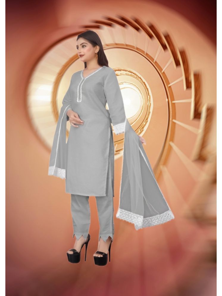     			RUTSH CREATION Cotton Self Design Kurti With Pants Women's Stitched Salwar Suit - Light Grey ( Pack of 1 )