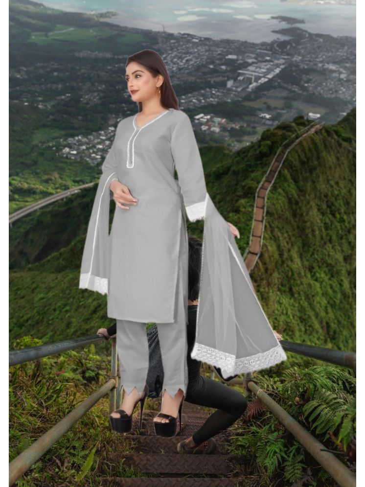     			RUTSH CREATION Cotton Self Design Kurti With Pants Women's Stitched Salwar Suit - Light Grey ( Pack of 1 )