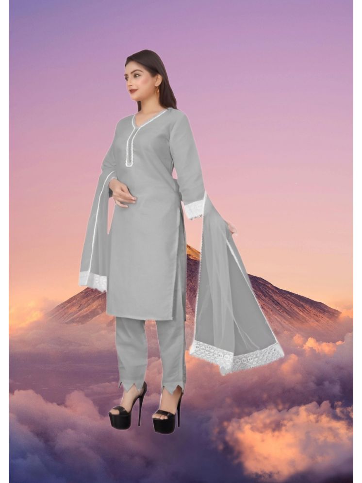     			RUTSH CREATION Cotton Self Design Kurti With Pants Women's Stitched Salwar Suit - Light Grey ( Pack of 1 )