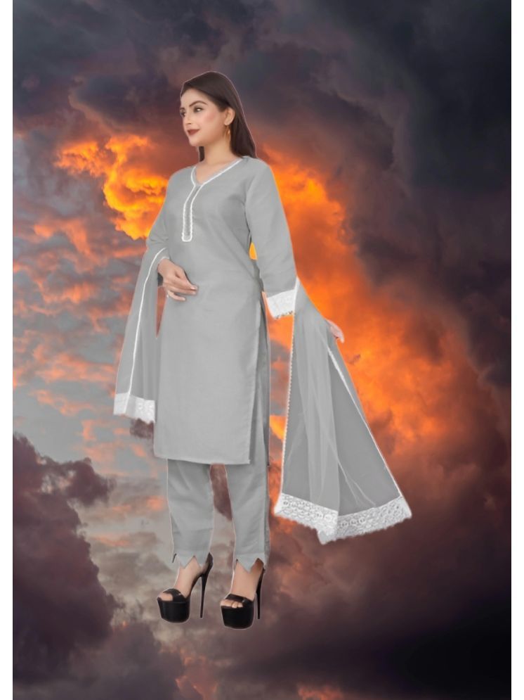     			RUTSH CREATION Cotton Self Design Kurti With Pants Women's Stitched Salwar Suit - Light Grey ( Pack of 1 )