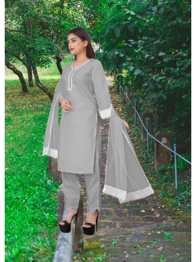     			RUTSH CREATION Cotton Self Design Kurti With Pants Women's Stitched Salwar Suit - Light Grey ( Pack of 1 )