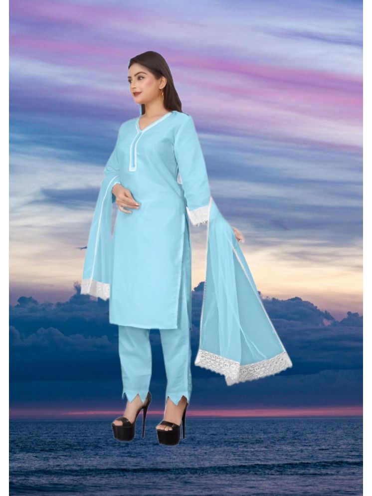     			RUTSH CREATION Cotton Self Design Kurti With Pants Women's Stitched Salwar Suit - Light Blue ( Pack of 1 )