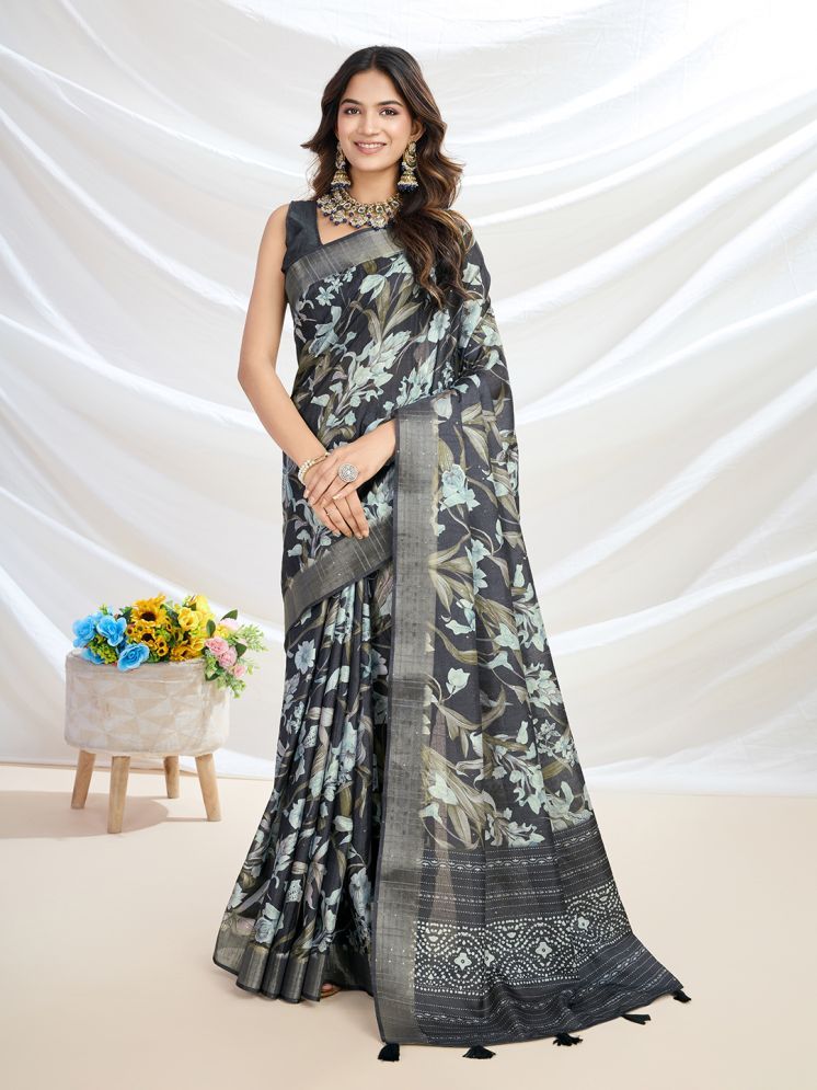     			RekhaManiyar Pack of 1 Silk Blend Printed Saree With Blouse Piece ( Navy Blue )