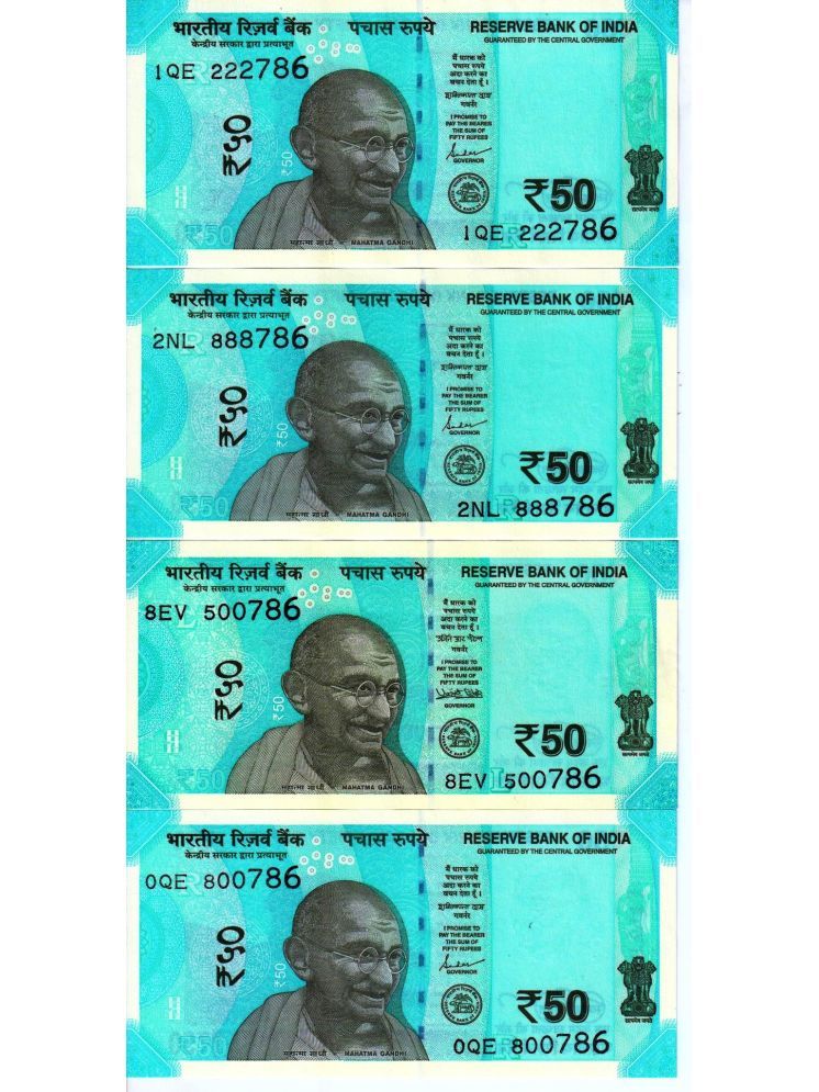     			Very Rare 50 Rupee Semi Fancy 222786 , 888786 , 500786 and 800786 UNC 4 Notes