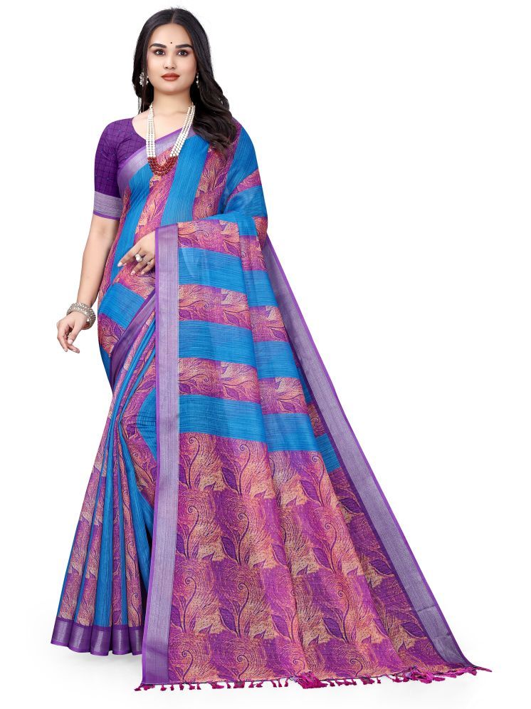     			supalee Tex Pack of 1 Linen Printed Saree With Blouse Piece ( SkyBlue )