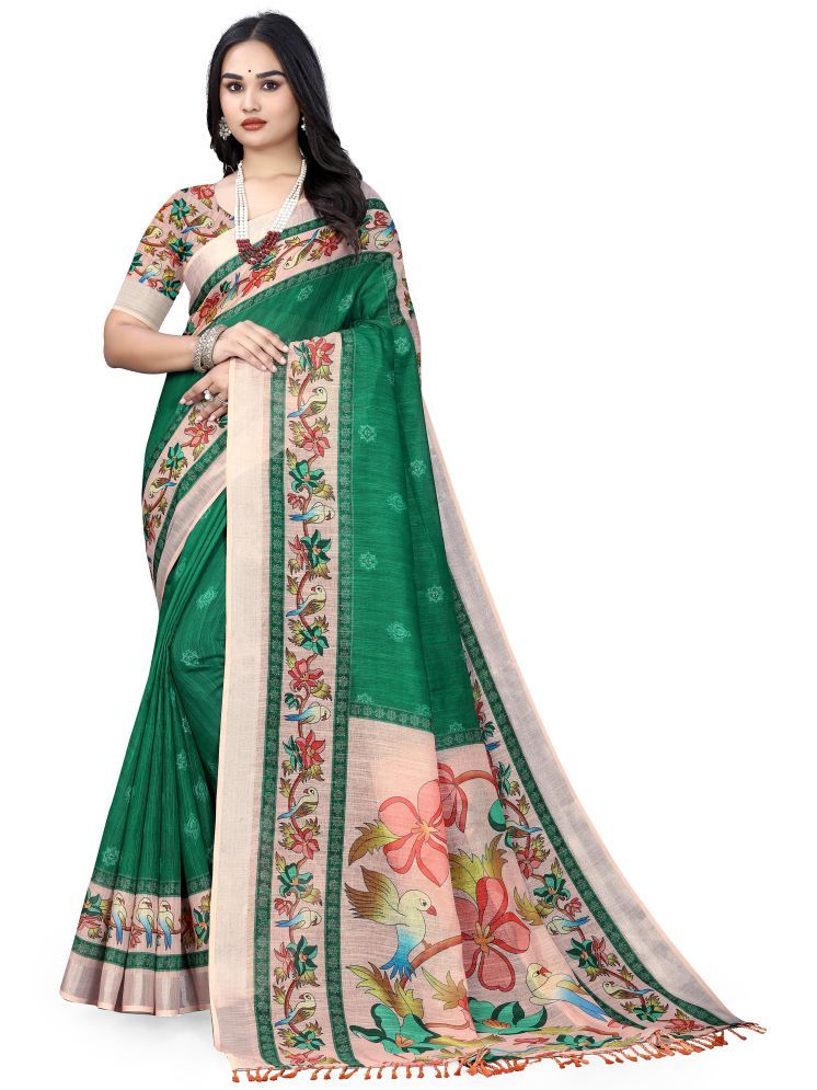     			supalee Tex Pack of 1 Linen Printed Saree With Blouse Piece ( Green )