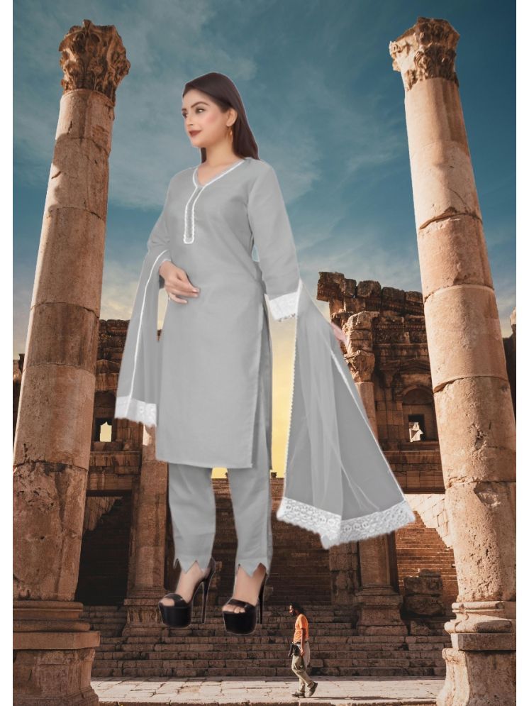     			RUTSH CREATION Cotton Self Design Kurti With Pants Women's Stitched Salwar Suit - Light Grey ( Pack of 1 )