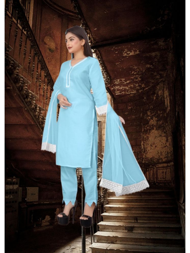     			RUTSH CREATION Cotton Self Design Kurti With Pants Women's Stitched Salwar Suit - Light Blue ( Pack of 1 )