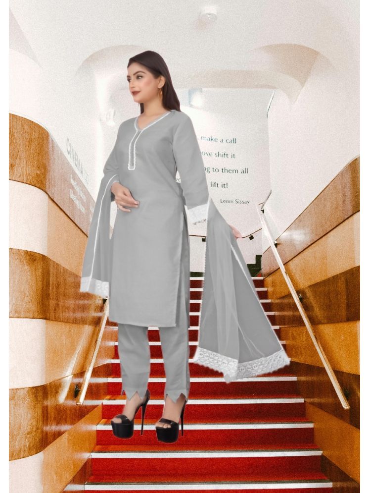     			RUTSH CREATION Cotton Self Design Kurti With Pants Women's Stitched Salwar Suit - Light Grey ( Pack of 1 )