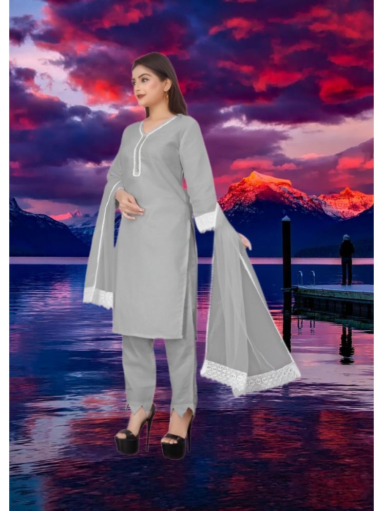     			RUTSH CREATION Cotton Self Design Kurti With Pants Women's Stitched Salwar Suit - Light Grey ( Pack of 1 )