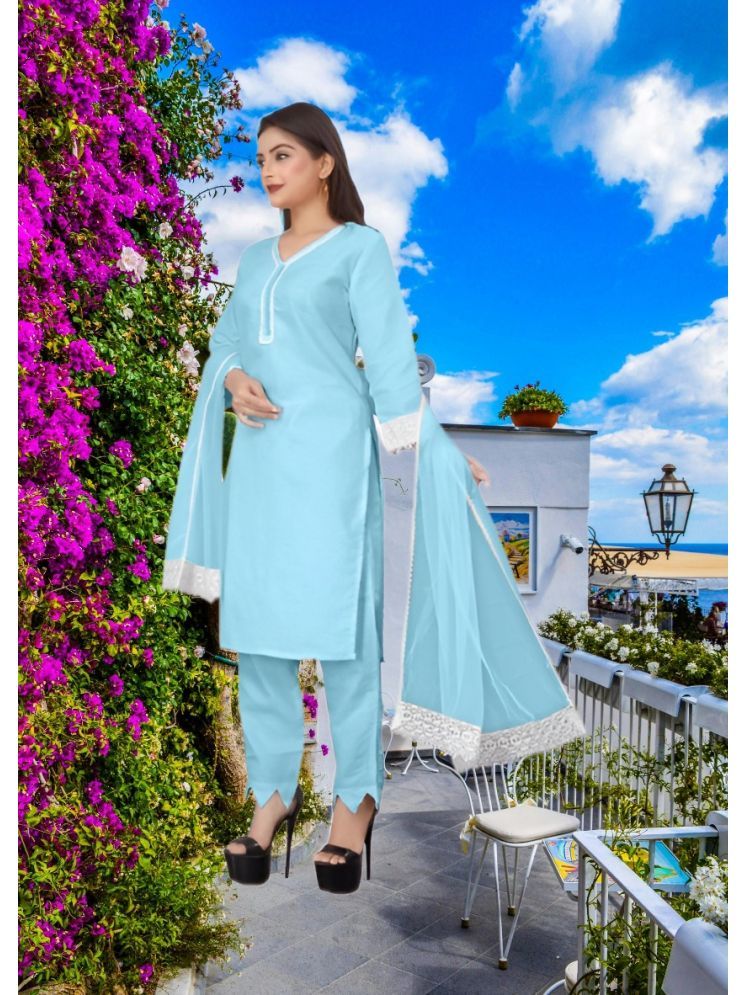     			RUTSH CREATION Cotton Self Design Kurti With Pants Women's Stitched Salwar Suit - Light Blue ( Pack of 1 )