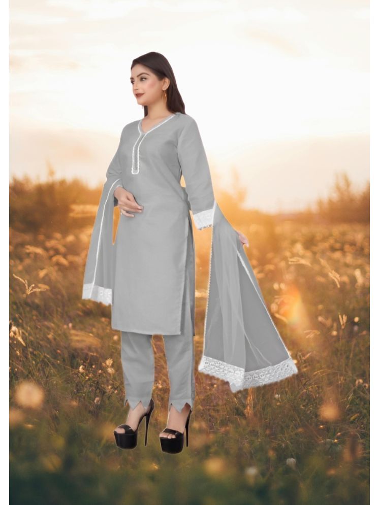     			RUTSH CREATION Cotton Self Design Kurti With Pants Women's Stitched Salwar Suit - Light Grey ( Pack of 1 )