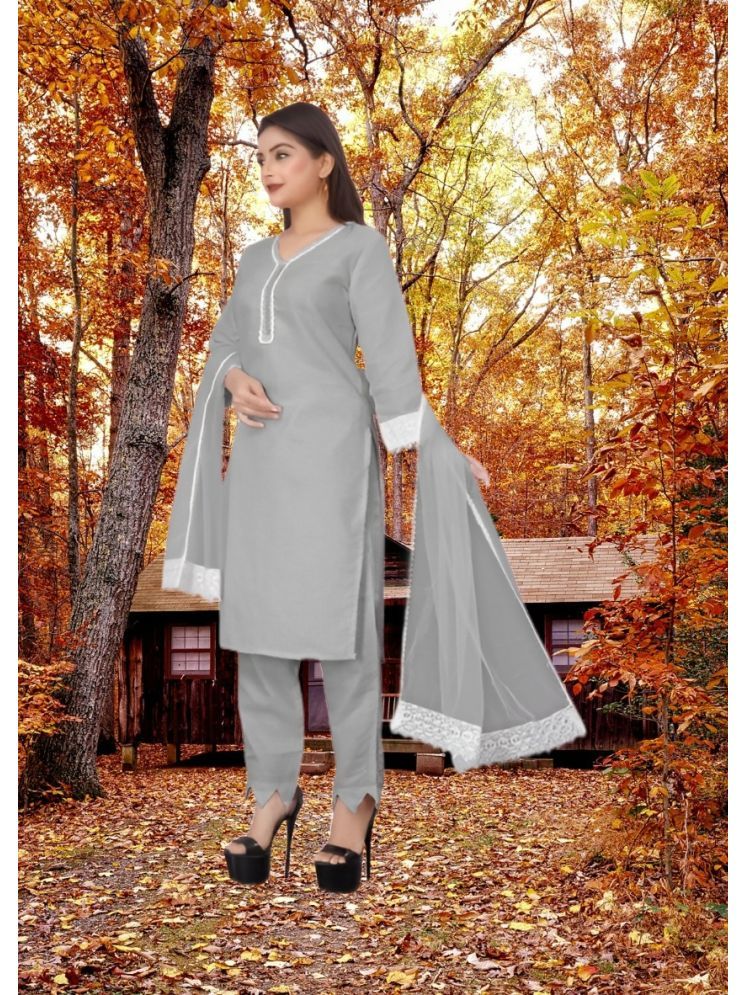     			RUTSH CREATION Cotton Self Design Kurti With Pants Women's Stitched Salwar Suit - Light Grey ( Pack of 1 )