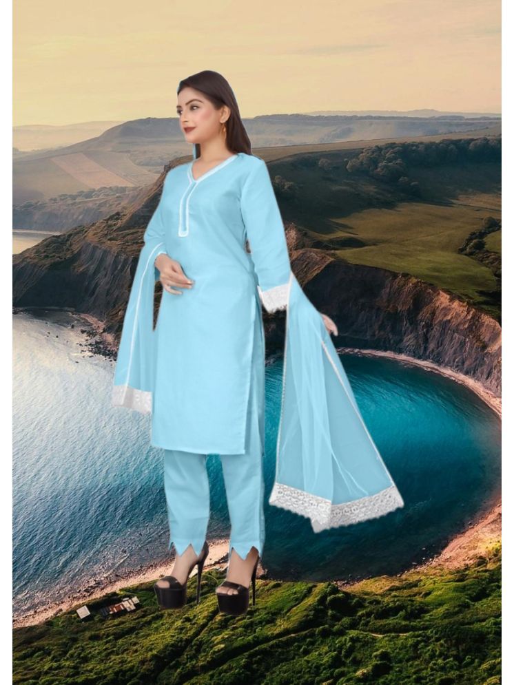     			RUTSH CREATION Cotton Self Design Kurti With Pants Women's Stitched Salwar Suit - Light Blue ( Pack of 1 )