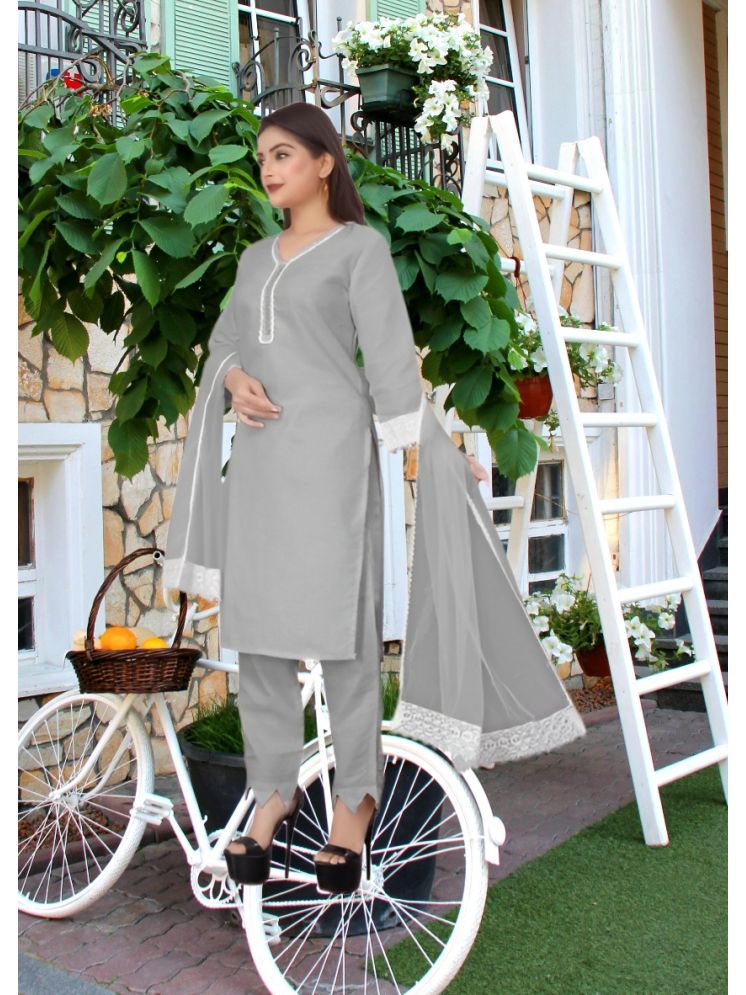     			RUTSH CREATION Cotton Self Design Kurti With Pants Women's Stitched Salwar Suit - Light Grey ( Pack of 1 )