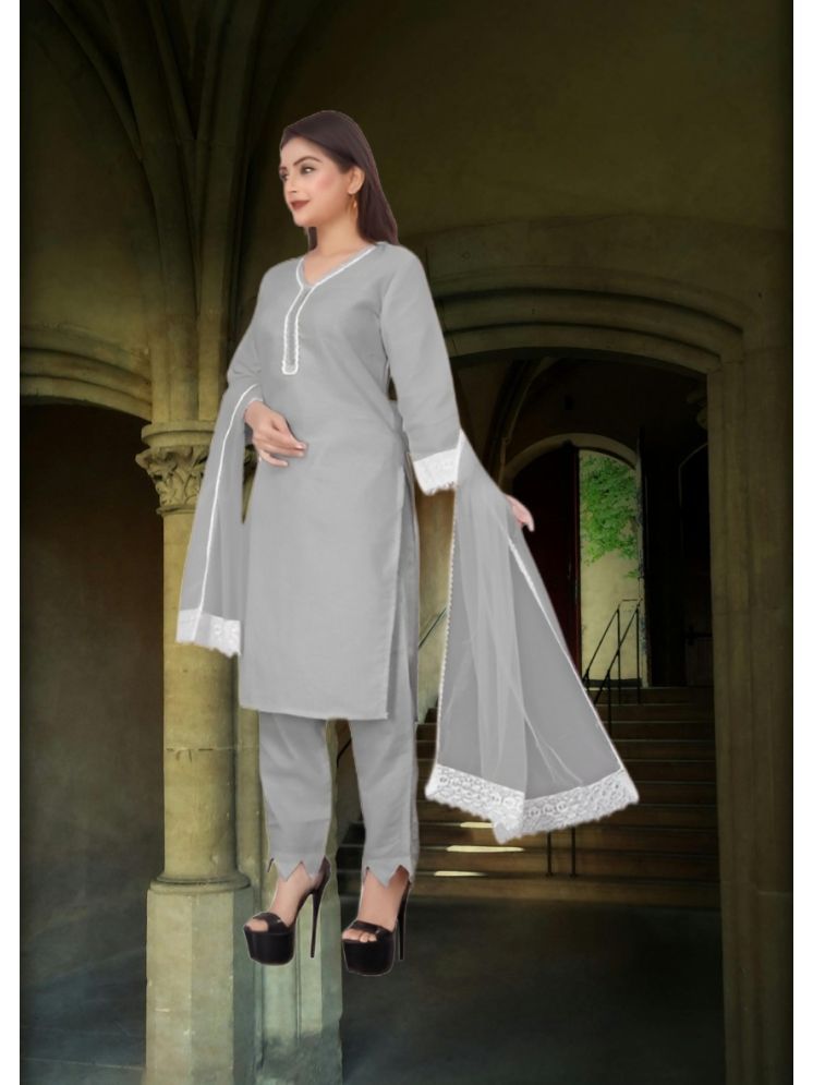     			RUTSH CREATION Cotton Self Design Kurti With Pants Women's Stitched Salwar Suit - Light Grey ( Pack of 1 )