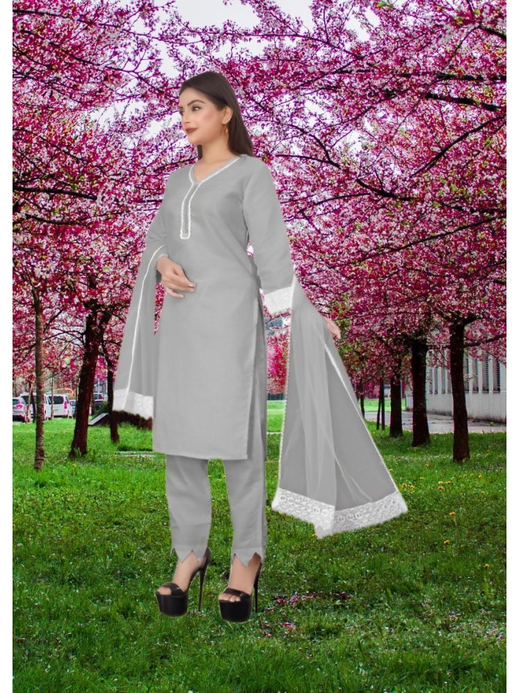     			RUTSH CREATION Cotton Self Design Kurti With Pants Women's Stitched Salwar Suit - Light Grey ( Pack of 1 )