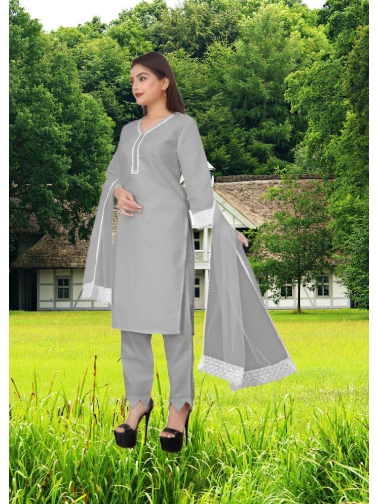     			RUTSH CREATION Cotton Self Design Kurti With Pants Women's Stitched Salwar Suit - Light Grey ( Pack of 1 )