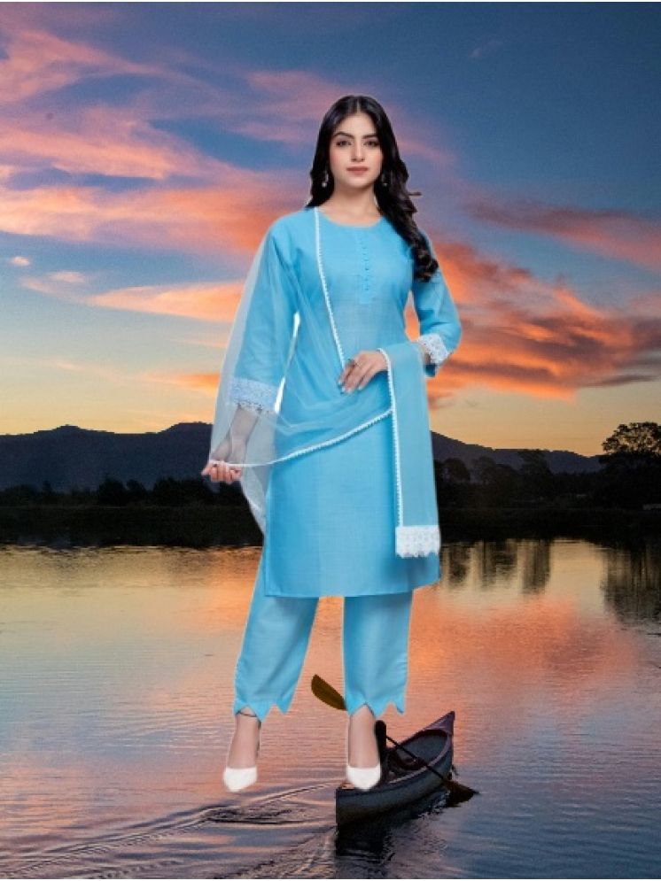     			RUTSH CREATION Cotton Self Design Kurti With Pants Women's Stitched Salwar Suit - Light Blue ( Pack of 1 )