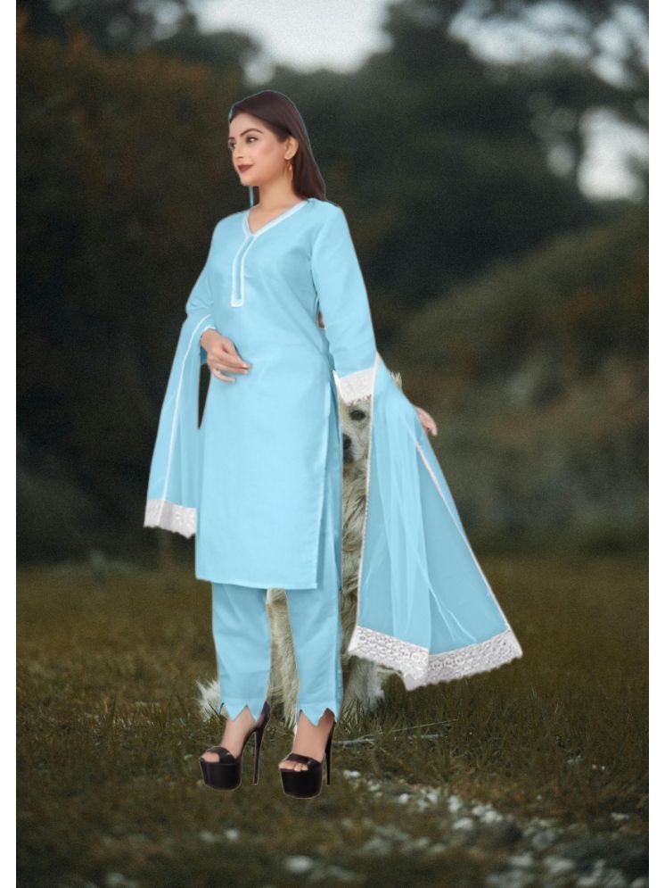     			RUTSH CREATION Cotton Self Design Kurti With Pants Women's Stitched Salwar Suit - Light Blue ( Pack of 1 )