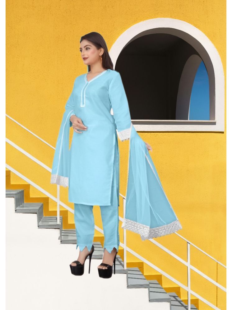     			RUTSH CREATION Cotton Self Design Kurti With Pants Women's Stitched Salwar Suit - Light Blue ( Pack of 1 )