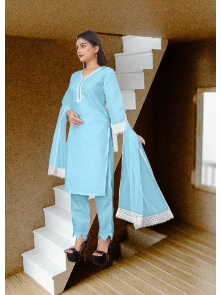     			RUTSH CREATION Cotton Self Design Kurti With Pants Women's Stitched Salwar Suit - Light Blue ( Pack of 1 )