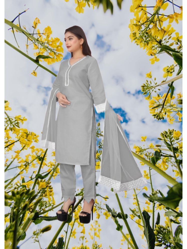     			RUTSH CREATION Cotton Self Design Kurti With Pants Women's Stitched Salwar Suit - Light Grey ( Pack of 1 )