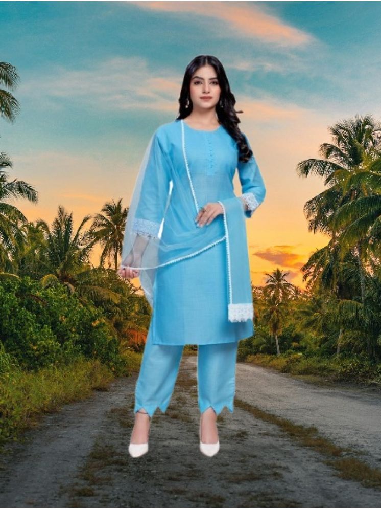     			RUTSH CREATION Cotton Self Design Kurti With Pants Women's Stitched Salwar Suit - Light Blue ( Pack of 1 )