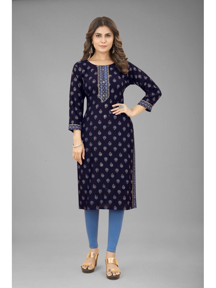     			Nikunj Trading Pack of 1 Rayon Printed Straight Women's Kurti - ( Blue )