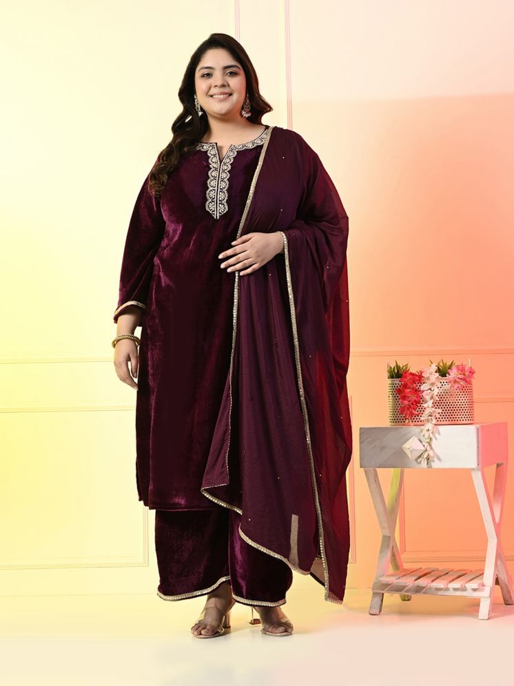     			PrettyPlus by Desinoor.com Velvet Embroidered Kurti With Pants Women's Stitched Salwar Suit - Wine ( Pack of 1 )