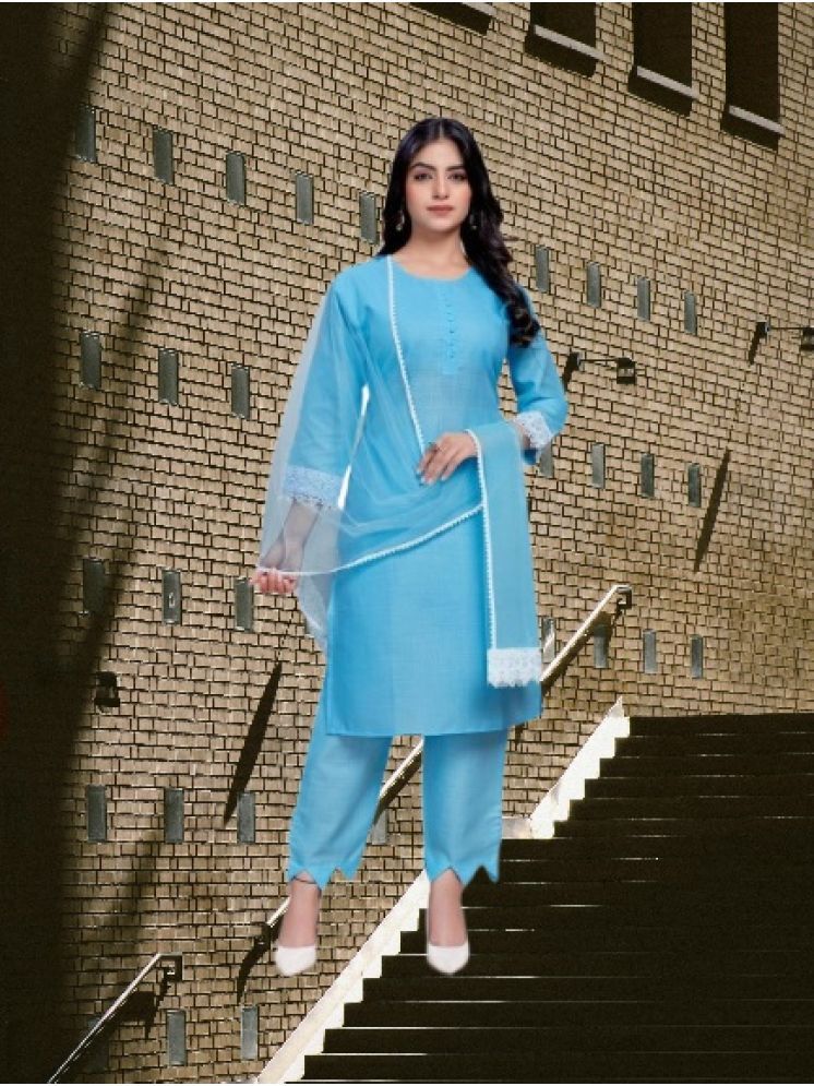     			RUTSH CREATION Cotton Self Design Kurti With Pants Women's Stitched Salwar Suit - Light Blue ( Pack of 1 )