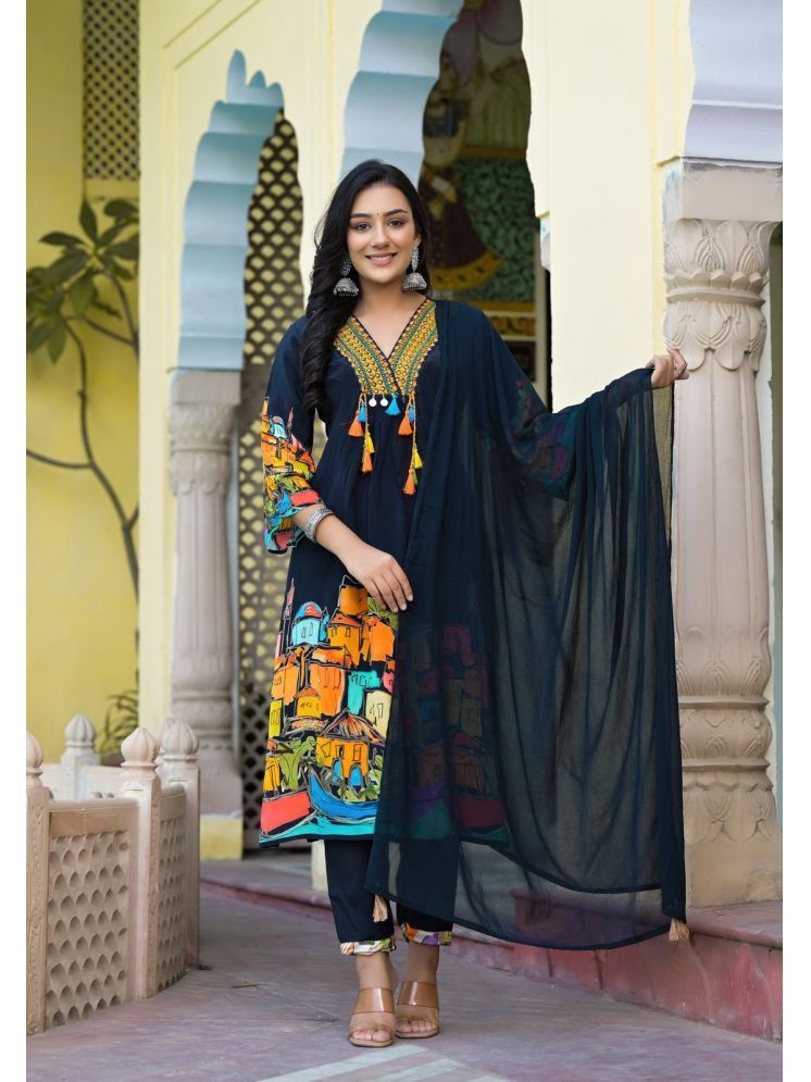     			Devakii Cotton Printed Kurti With Pants Women's Stitched Salwar Suit - Black ( Pack of 1 )