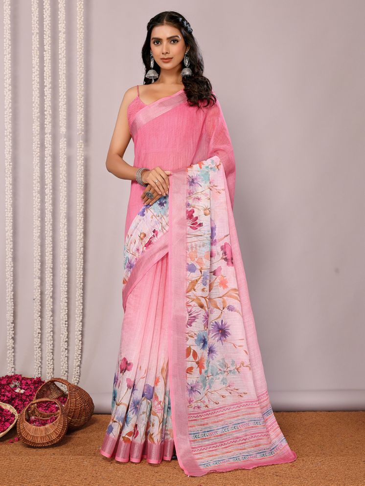     			Janasya Pack of 1 Cotton Blend Printed Saree With Blouse Piece ( Pink )