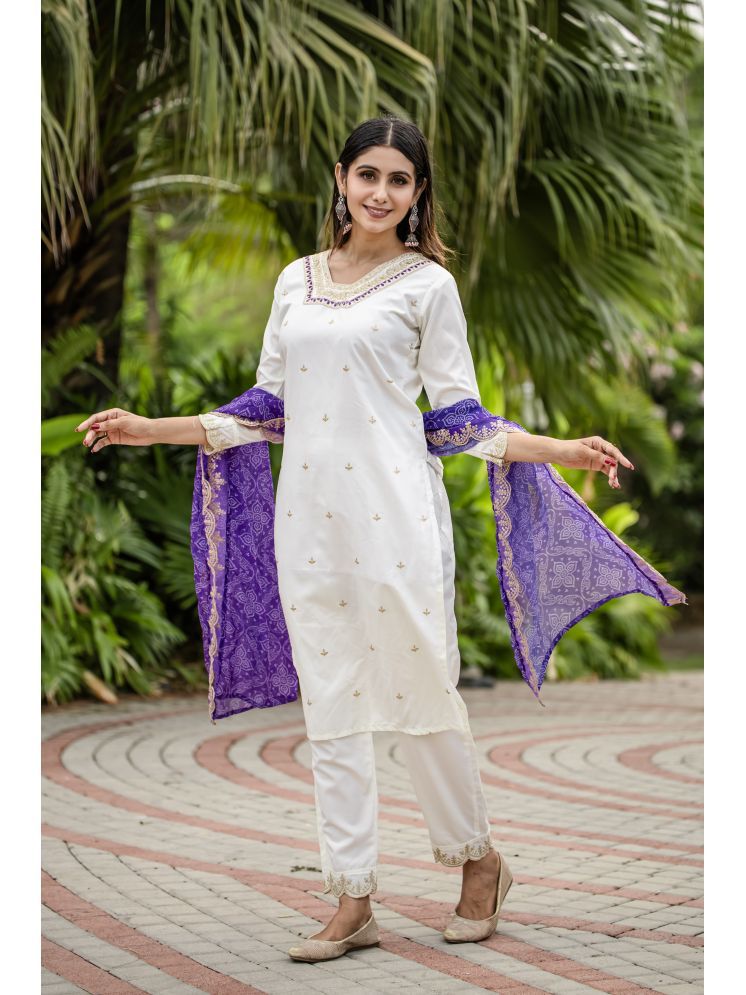     			Sanwariya Silk Silk Blend Embroidered Kurti With Pants Women's Stitched Salwar Suit - Cream ( Pack of 1 )