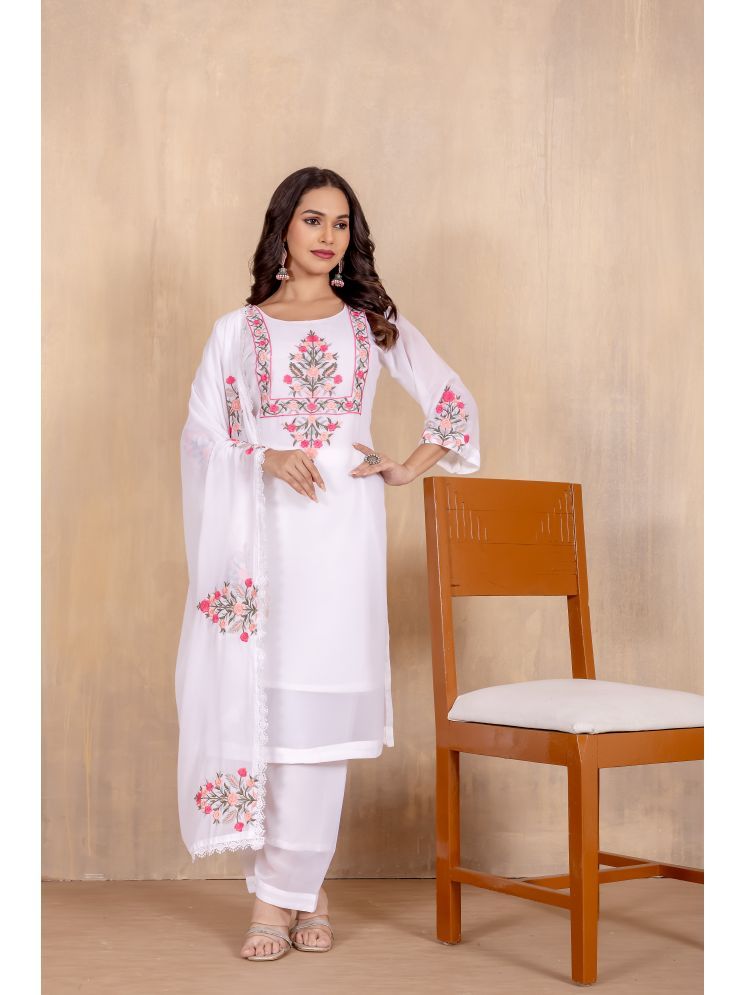     			Sitanjali Georgette Printed Kurti With Pants Women's Stitched Salwar Suit - White ( Pack of 1 )