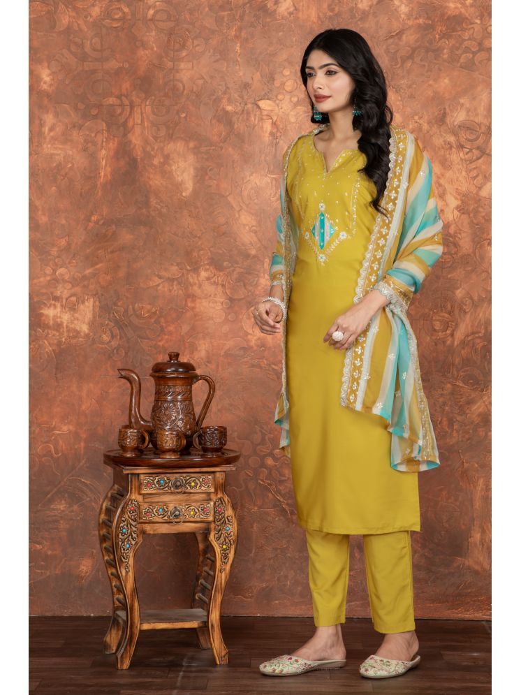     			Sitanjali Silk Blend Embroidered Kurti With Pants Women's Stitched Salwar Suit - Yellow ( Pack of 1 )