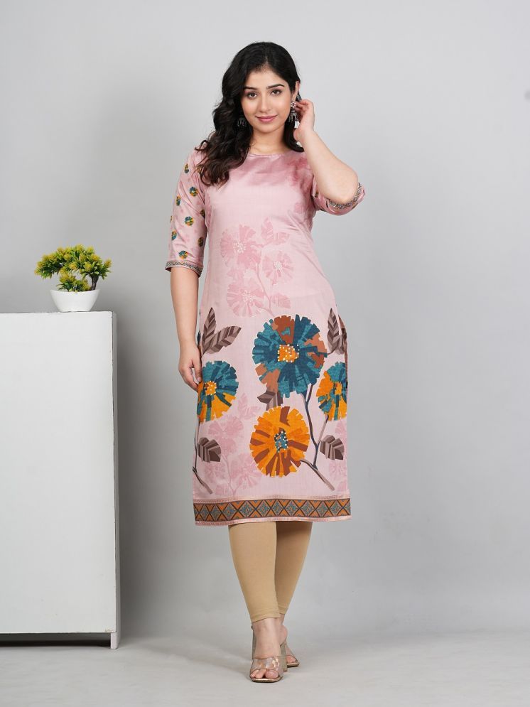     			Hetsa Pack of 1 Chanderi Printed Straight Women's Kurti - ( Pink )