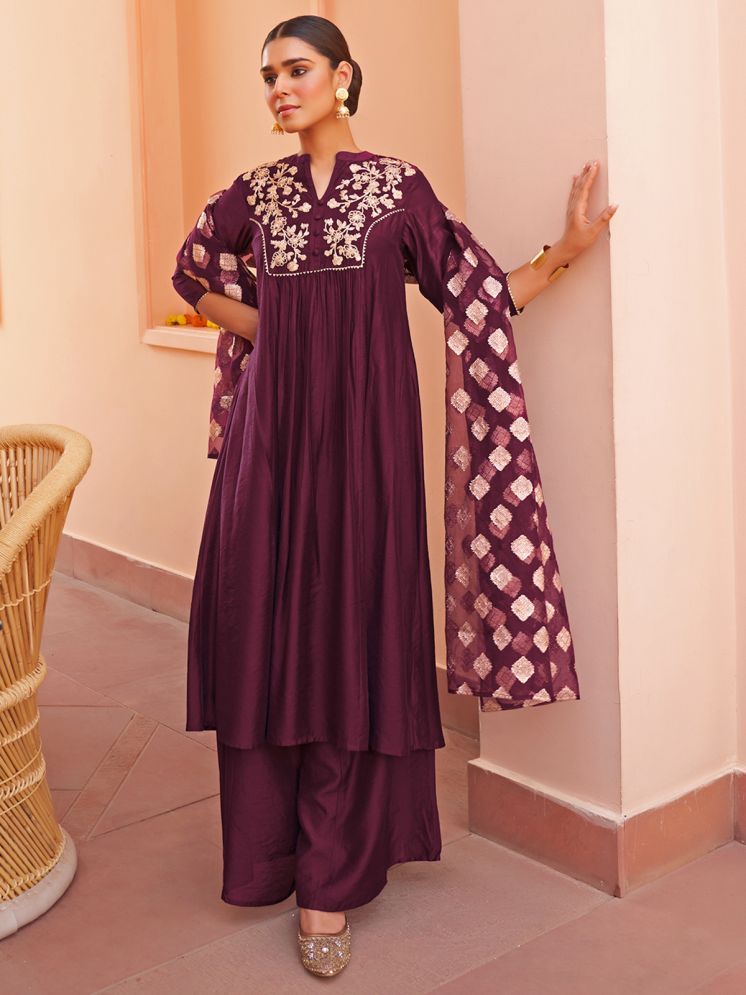     			Janasya Chanderi Embroidered Kurti With Palazzo Women's Stitched Salwar Suit - Purple ( Pack of 1 )