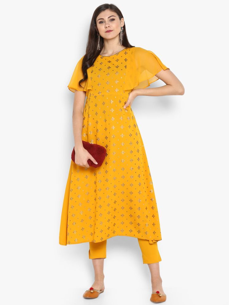     			Janasya Crepe Printed Kurti With Pants Women's Stitched Salwar Suit - Mustard ( Pack of 1 )