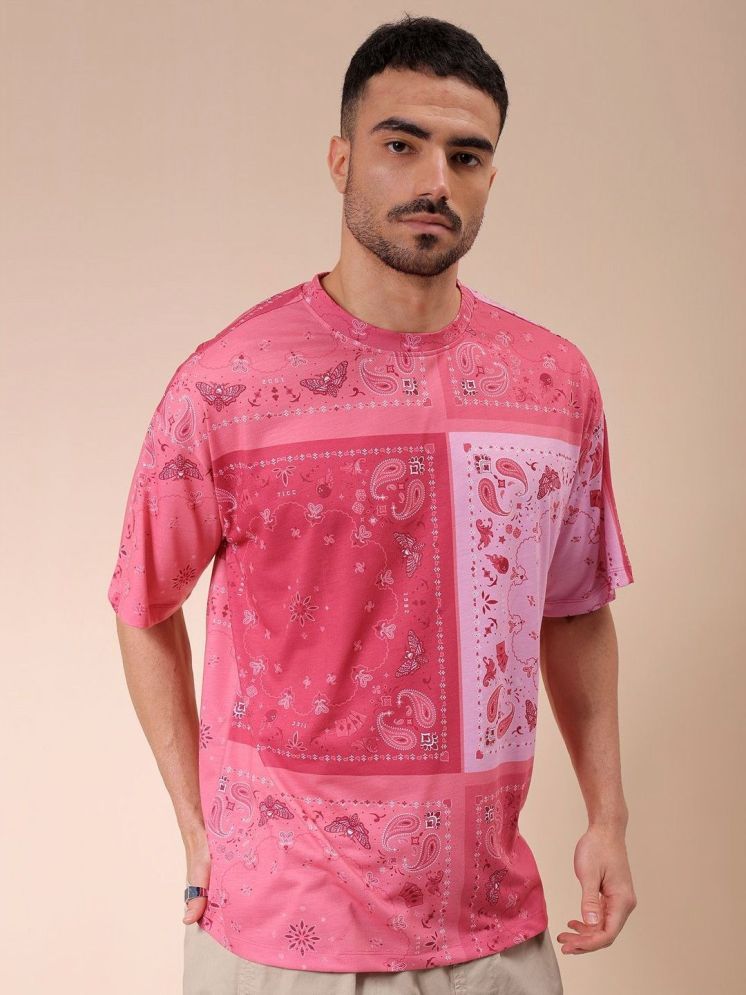     			The Indian Garage Co. Polyester Oversized Fit Printed Half Sleeves Men's Round T-Shirt - Pink ( Pack of 1 )