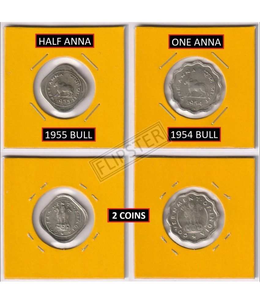     			**Extremely Rare 2 Coins** Half Anna 1955 & One Anna 1954, India old 2 Coins Collection