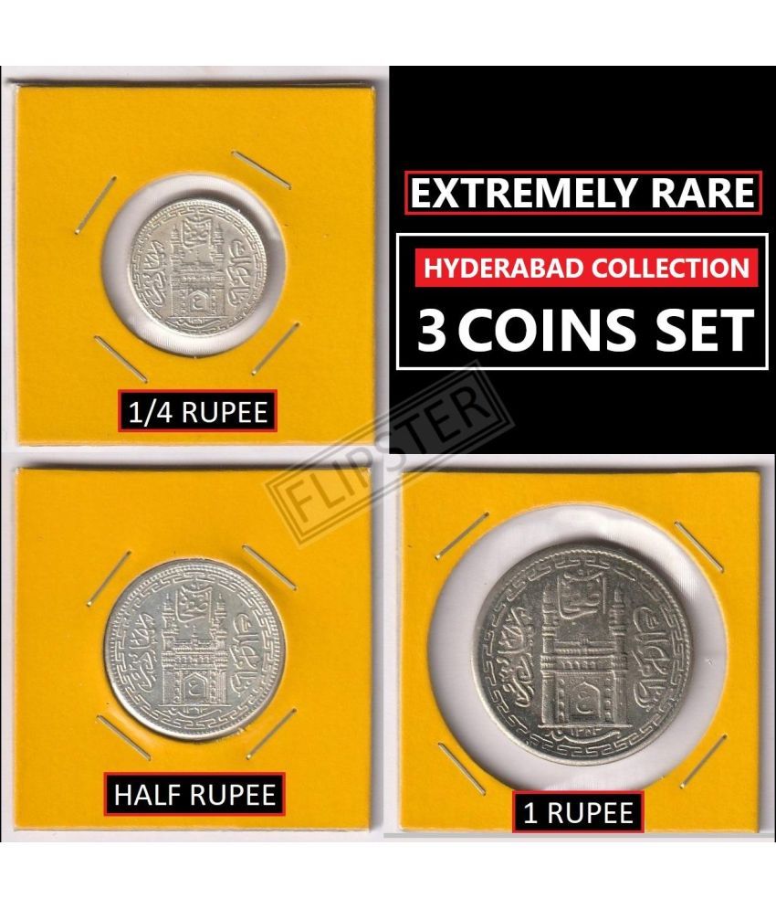     			**Extremely Rare 3 Coins** 1/4, Half & One Rupee, Hyderabad, India old Silverplated 3 Coins Collection