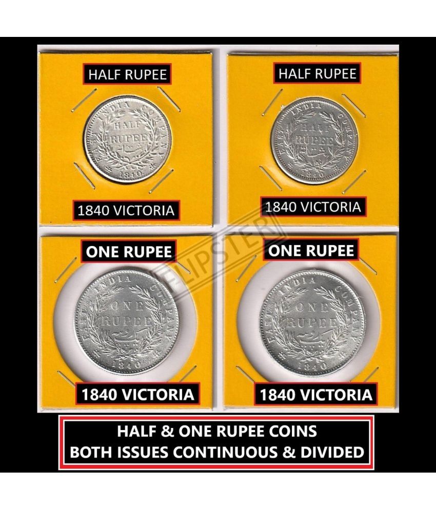     			**Extremely Rare 4 Coins** Both Continuous & Divided Issue 1840 Half & One Rupee, Victoria - British India old 4 Silverplated Coins Collection